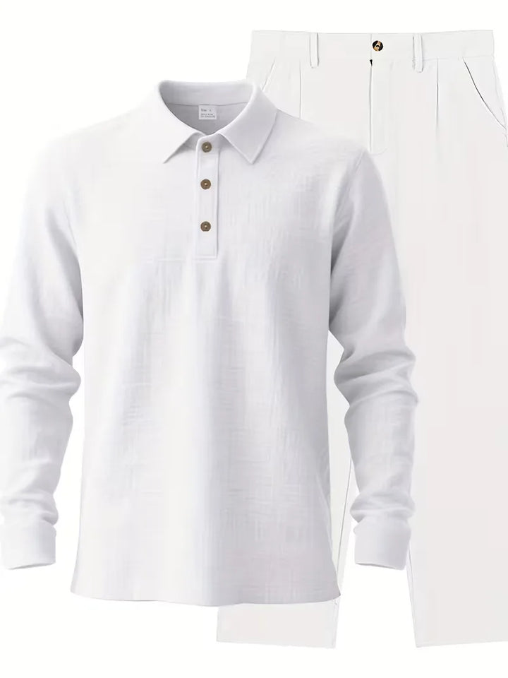 Man toont stijlvol heren linnen pak met mandarijnkraag, perfect voor zomerse kleding trends.