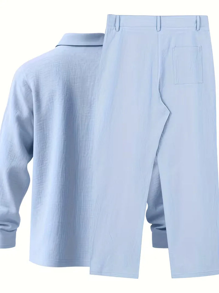 Stijlvol heren linnen pak, ademend en casual met mandarijnkraag, perfect voor zomer en vakantie.