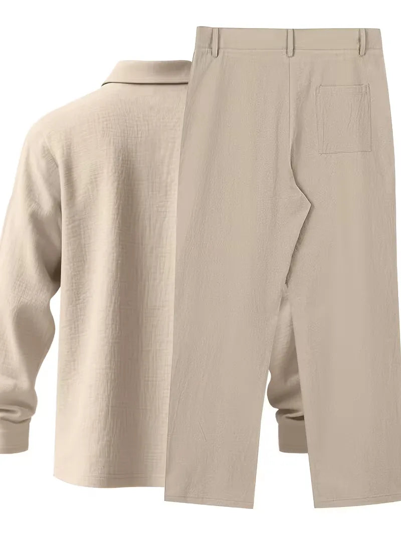 Casual chic heren linnen pak met mandarijnkraag voor vakantie of zomerse smart casual events.
