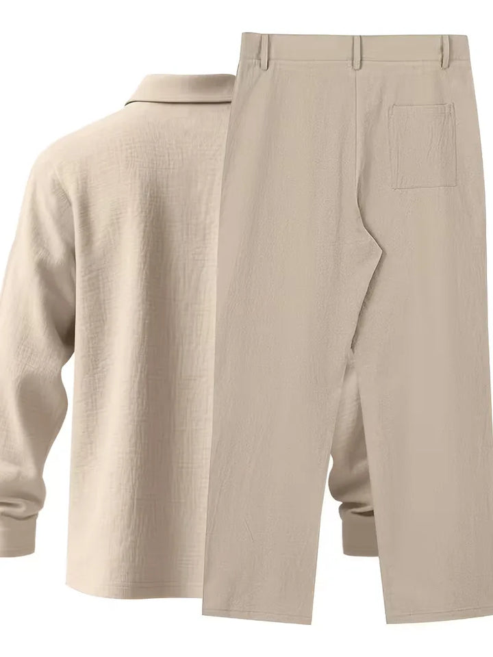 Casual chic heren linnen pak met mandarijnkraag voor vakantie of zomerse smart casual events.