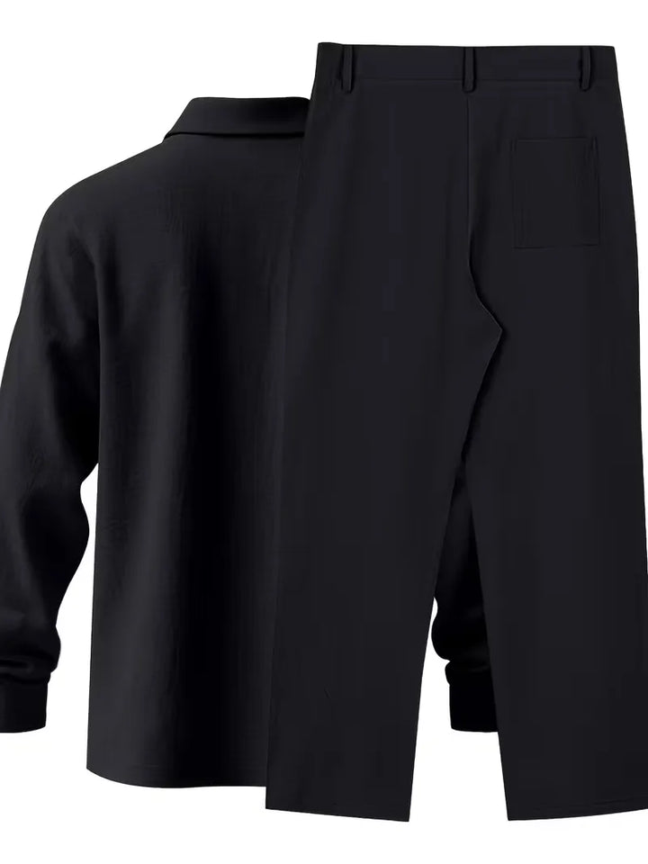 Elegant heren linnen pak met mandarijnkraag, gecombineerd voor een complete zomerse look.