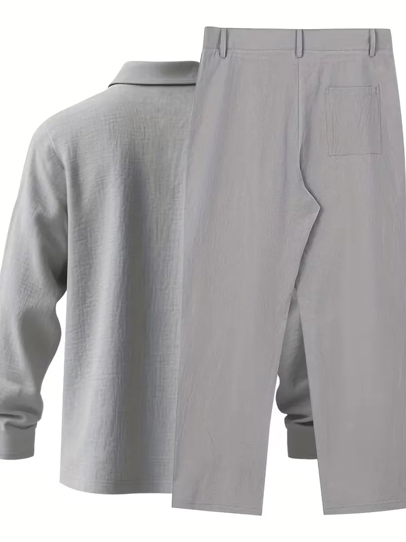 Veelzijdig heren linnen zomerpak met mandarijnkraag, geschikt voor casual en smart-casual.