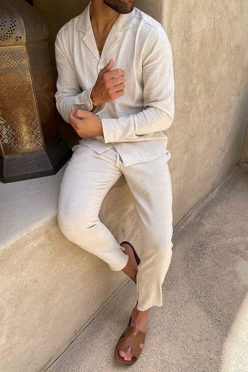 Heren linnen set, comfortabel en stijlvol, ideaal voor zomerse dagen. Ademende herenkleding outfit.