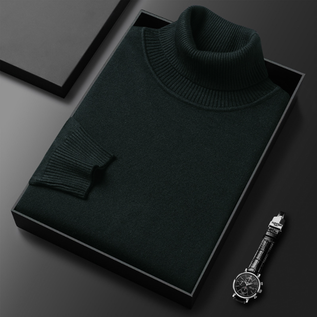 Gestapelde heren luxe coltruien in diverse kleuren, comfortabel en ademend materiaal.