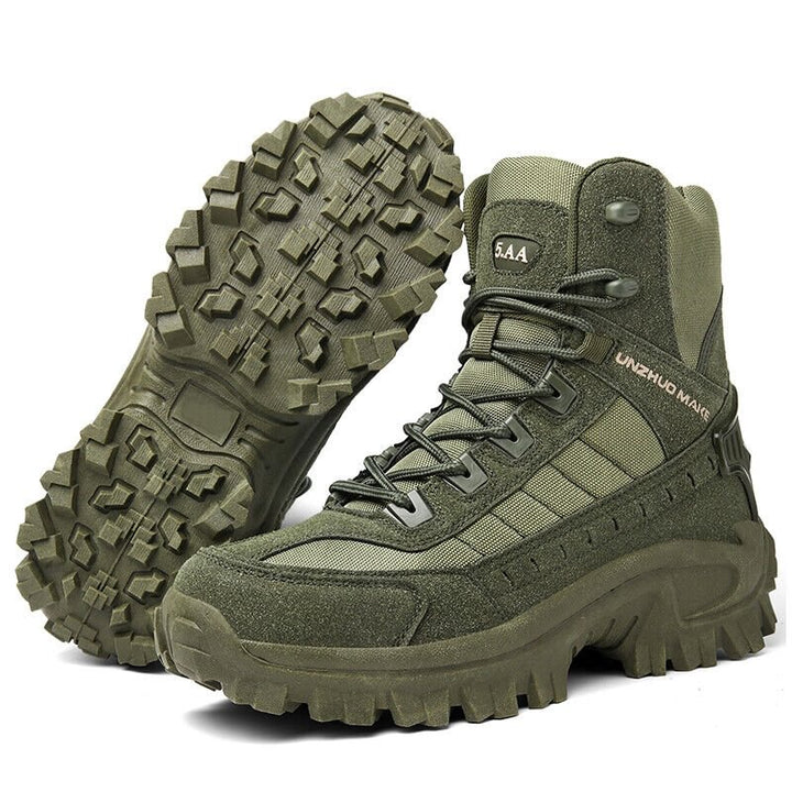 Stevige waterdichte herenlaarzen, militair design, ideaal voor boswandelingen en kamperen.