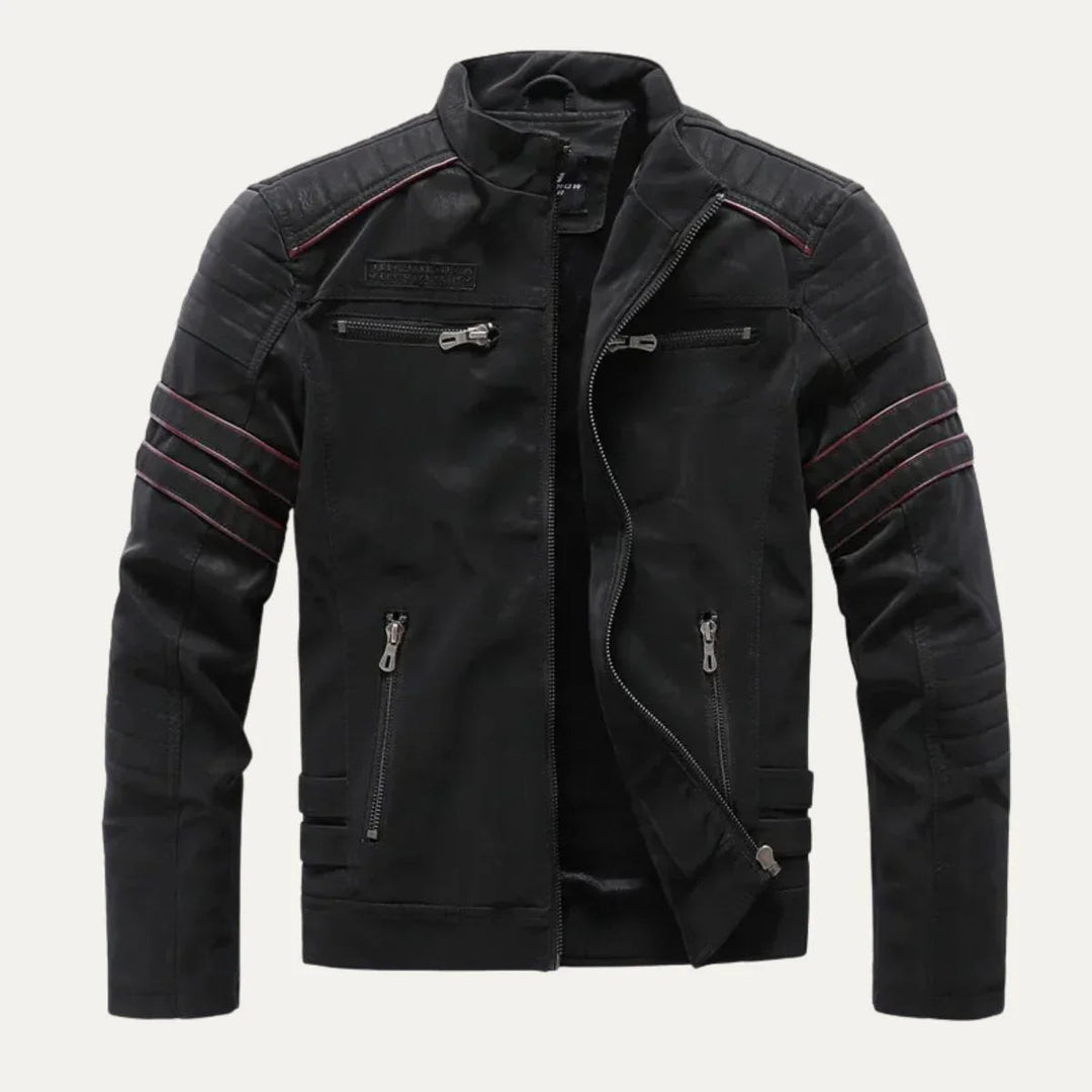 Heren motorjack met opstaande kraag. Stijlvol en warm herenjack, perfect voor herfst- en winterkleding.