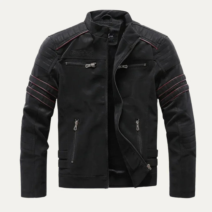 Heren motorjack met opstaande kraag. Stijlvol en warm herenjack, perfect voor herfst- en winterkleding.