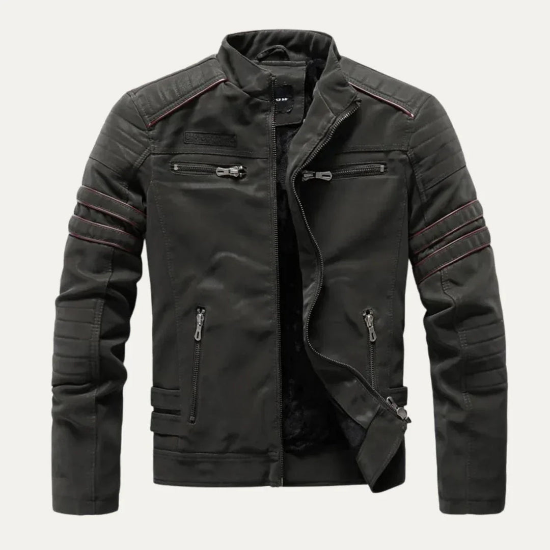 Stoer heren motorjack in biker stijl met opstaande kraag. Modieus en robuust voor dagelijks gebruik.