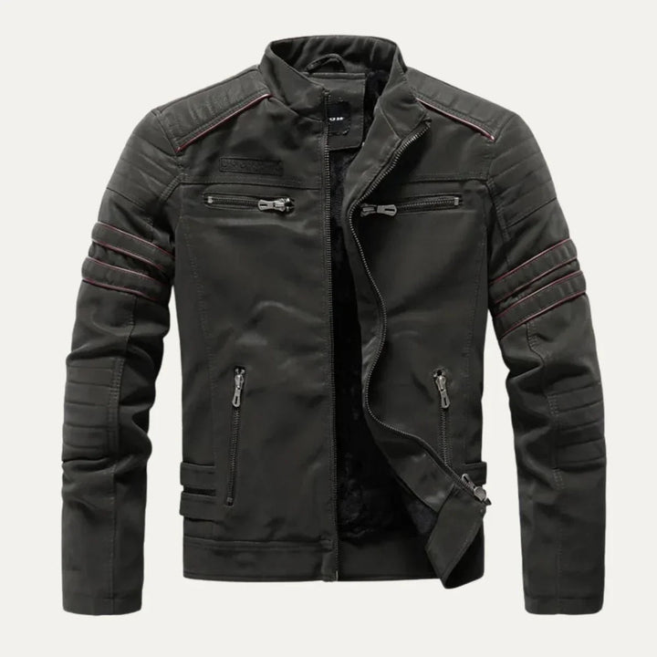 Stoer heren motorjack in biker stijl met opstaande kraag. Modieus en robuust voor dagelijks gebruik.