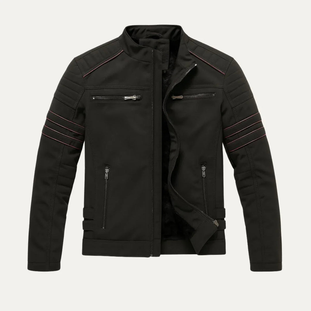 Veelzijdig heren motorjack met opstaande kraag. Perfecte herfst- & winterkleding voor een modieuze look.