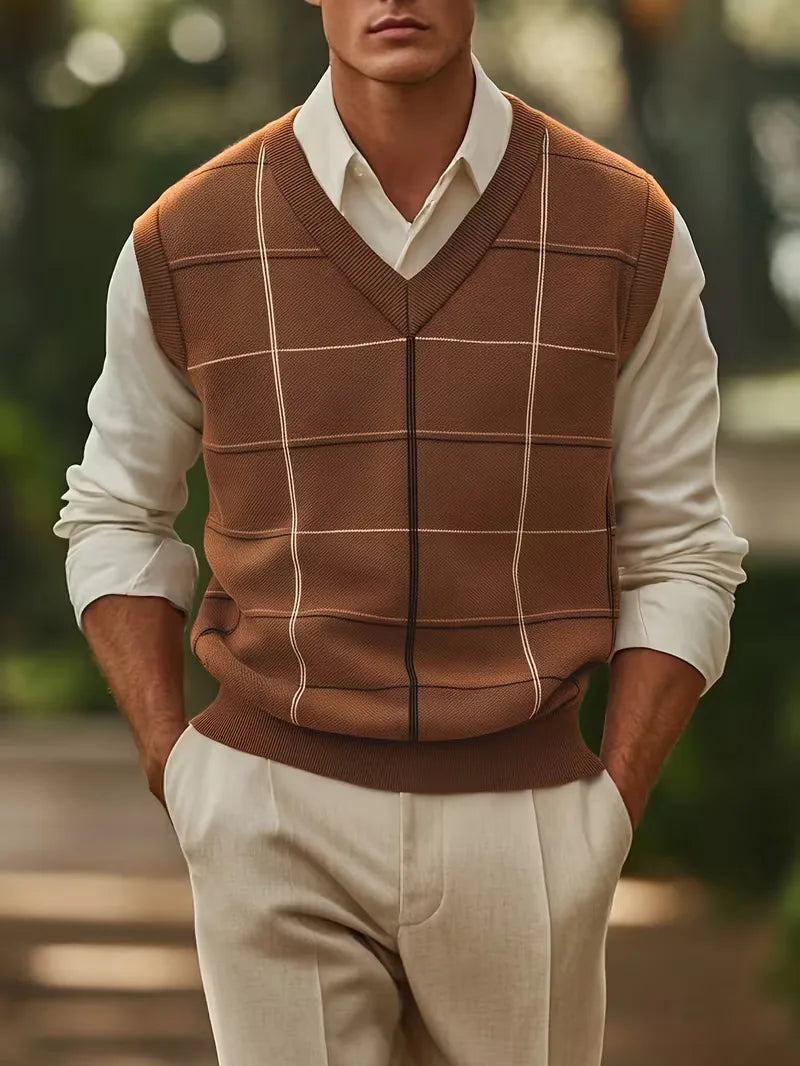 Heren mouwloos V-hals vest in bruin, ideaal voor een stijlvolle zakelijke of smart casual look.