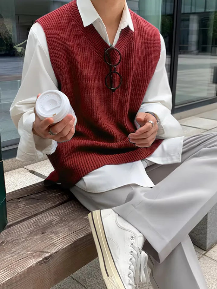 Zwart heren vest, mouwloos met V-hals, perfecte laag voor lente en herfst comfort.