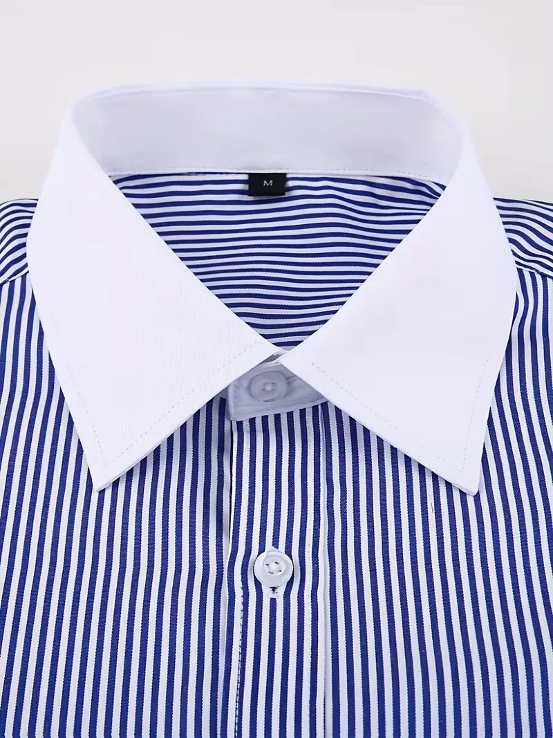 Chique kantoorkleding heren: overhemd met mandarijnkraag en Franse manchetten, van hoge kwaliteit.