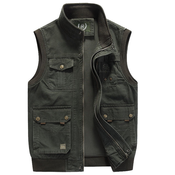 Heren outdoor bodywarmer vest in grijstinten met meerdere praktische zakken, ideaal voor lente/herfst en reizen.