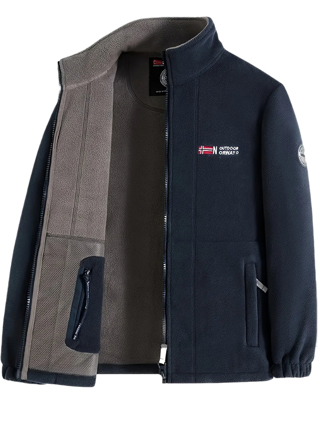 "Heren outdoor fleecejack, warm en winddicht, met hoge kraag. Perfect voor herfst en winteractiviteiten."
