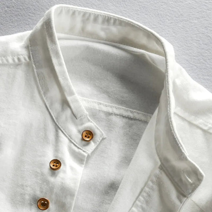 Elegant heren overhemd met lange mouwen, unieke Japanse stijl en kenmerkende henleykraag.