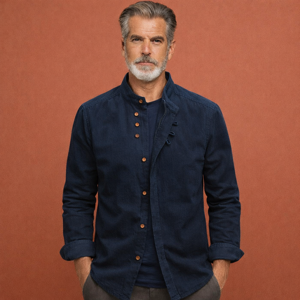 Heren overhemd Japanse stijl met unieke hoge kraag en asymmetrische knopen, modern en elegant voor casual lentemode.