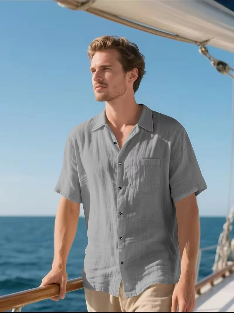 Comfortabel katoenen heren overhemd korte mouw met borstzak, ademend voor de zomer.