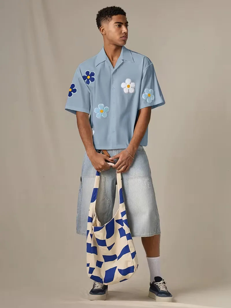 Casual herenoverhemd, korte mouw, met bloemenprint, perfect voor een dagje aan het strand.
