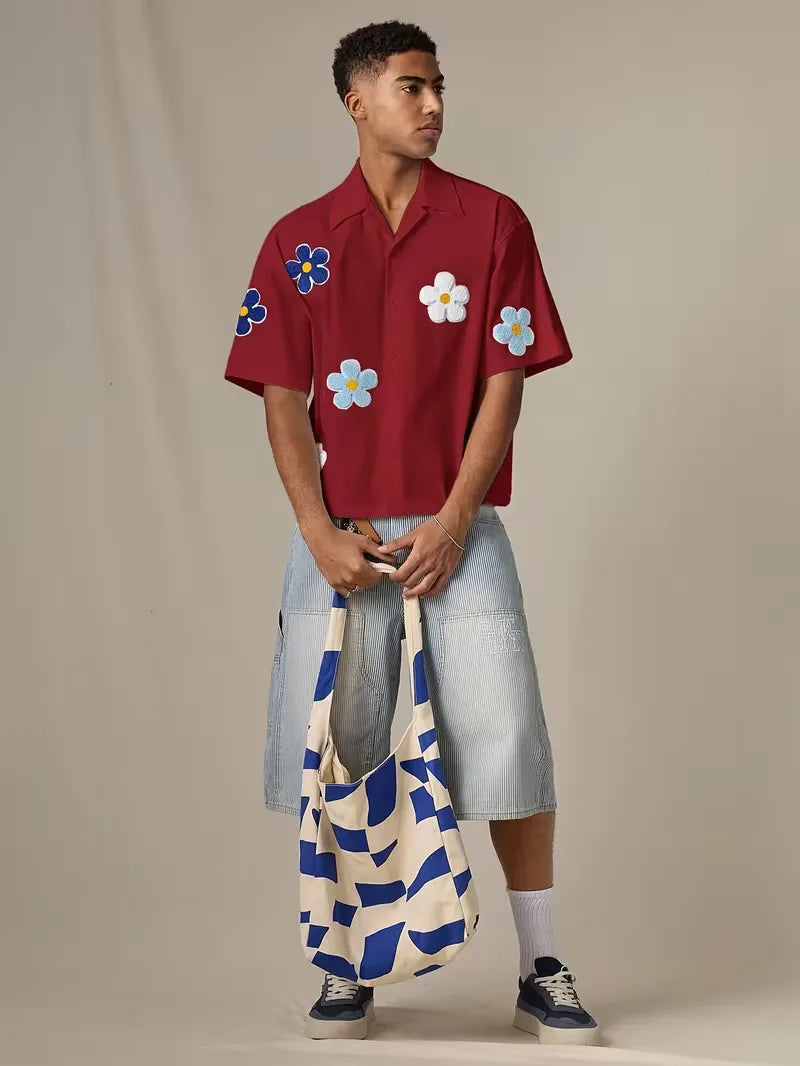 Heren zomeroverhemd, korte mouw, met bloemenprint, casual en modieus.