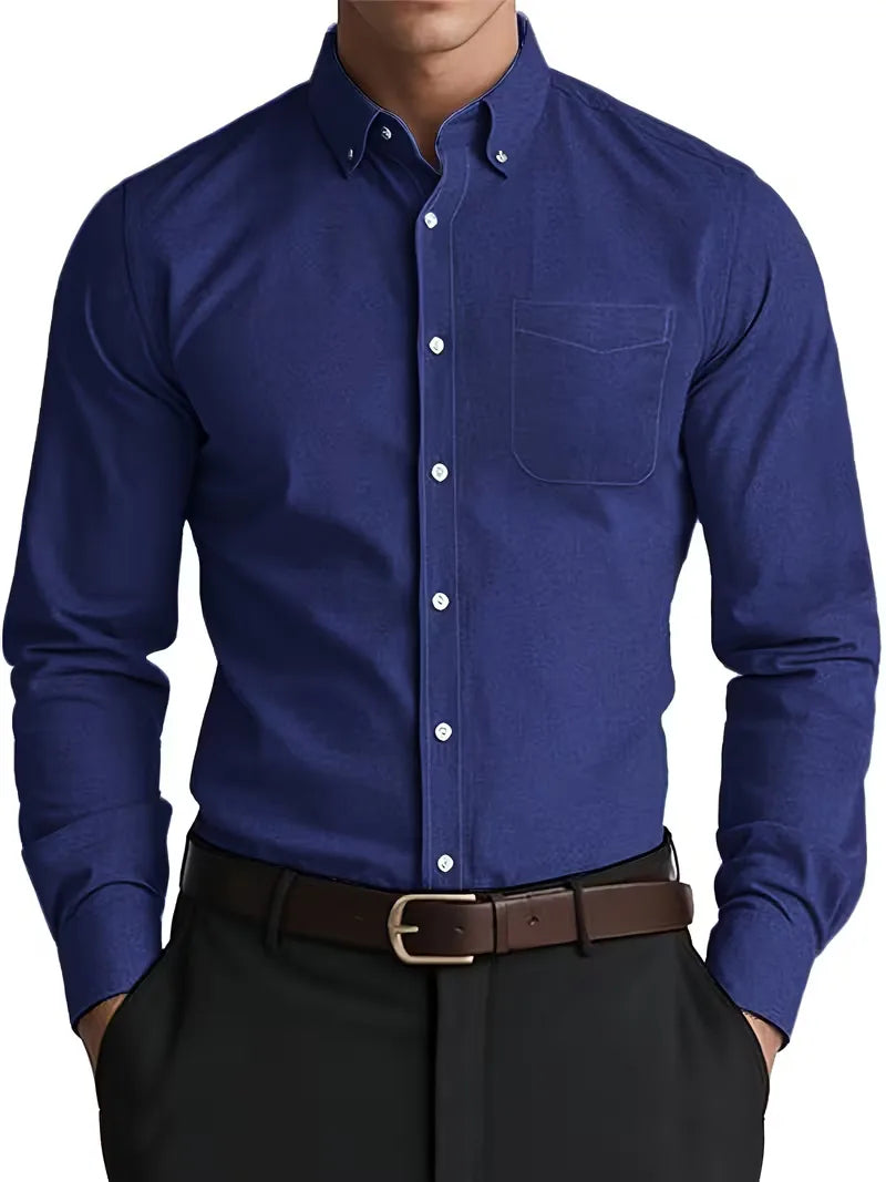 Smart casual heren overhemd, lente/herfst, met lange mouwen en mandarijnkraag.