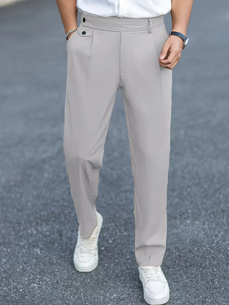 Heren pantalon rechte pijpen, smart casual, ademend polyester. Perfect voor werk.