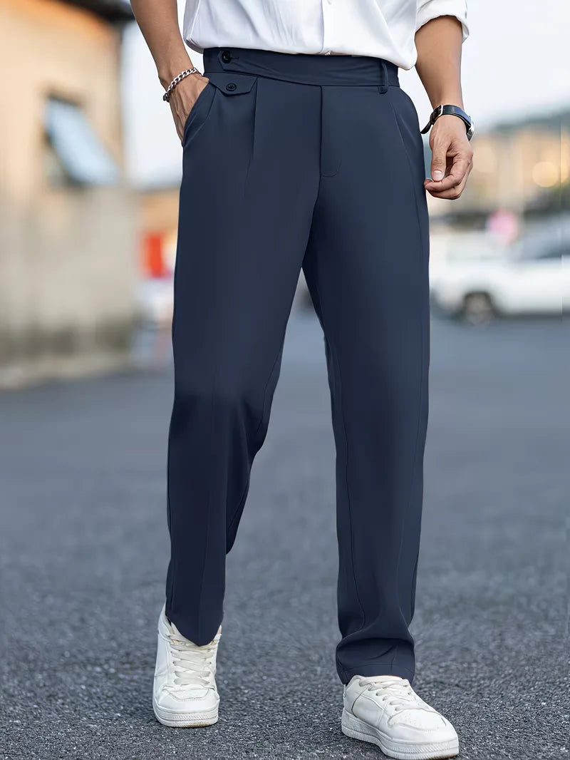 Comfortabele heren pantalon rechte pijpen, smart casual polyester, veelzijdig.