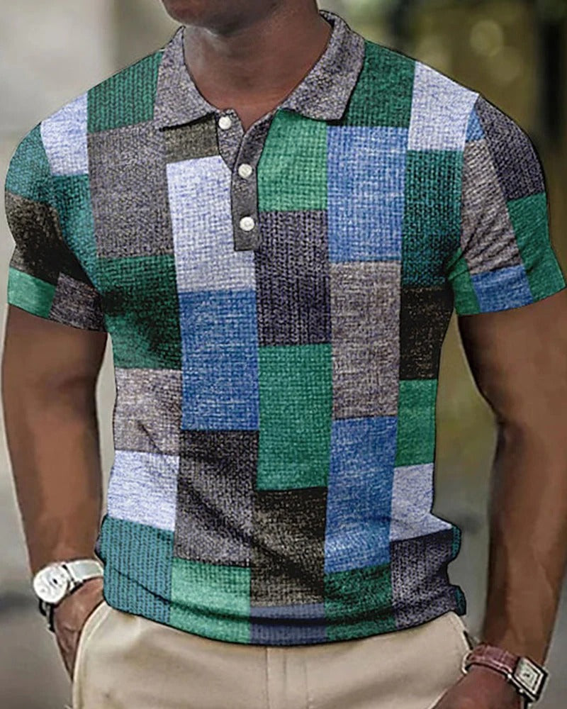 Heren polo met modern rasterpatroon in ivoor en zwart, comfortabel en ademend 3D print design, casual herenmode.