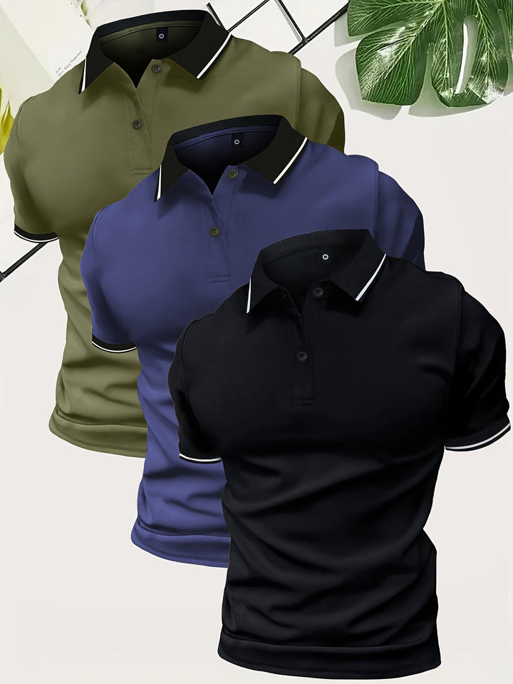 "Heren polo shirt set in effen kleuren grijs, zwart, en wit, lichtgewicht en ademend voor comfort en stijl."