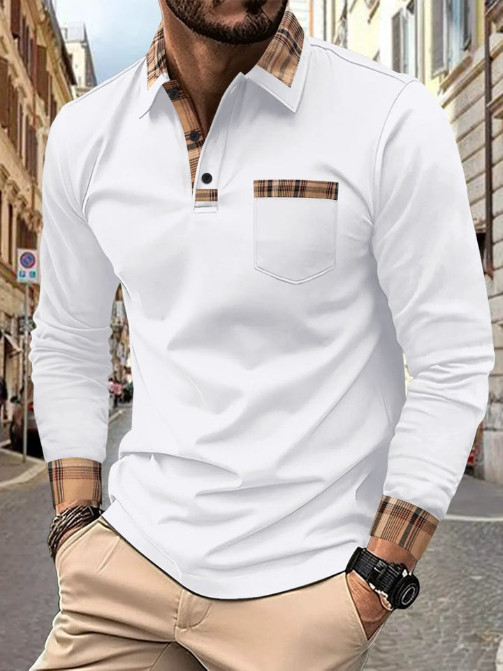 Heren poloshirt lange mouwen met stijlvolle ruitaccenten. Modieuze herenkleding, perfect voor een casual look.