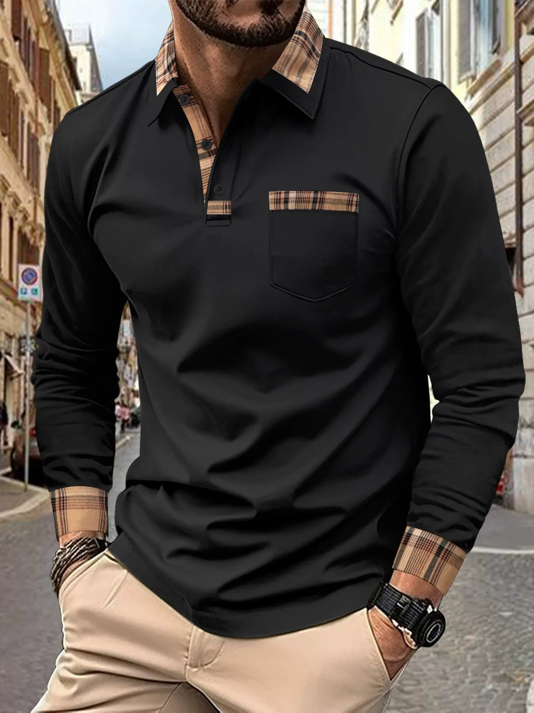 Veelzijdig herenpoloshirt lange mouwen met chique ruitdesign. Ideaal voor semiformeel en zakelijk-casual.