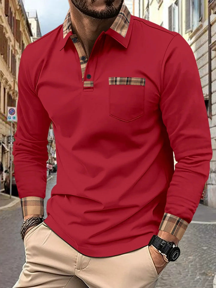 Stijlvol herenpoloshirt lange mouwen met trendy ruitaccenten. Geschikt voor casual en semiformele gelegenheden.