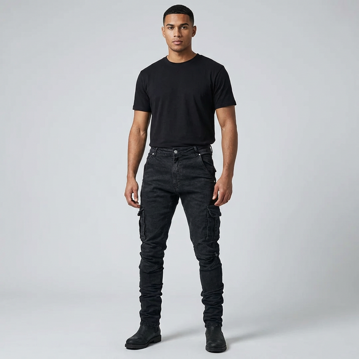 Heren premium stretch jeans, donkerblauw, slim fit, ideaal voor een comfortabele en modieuze look.