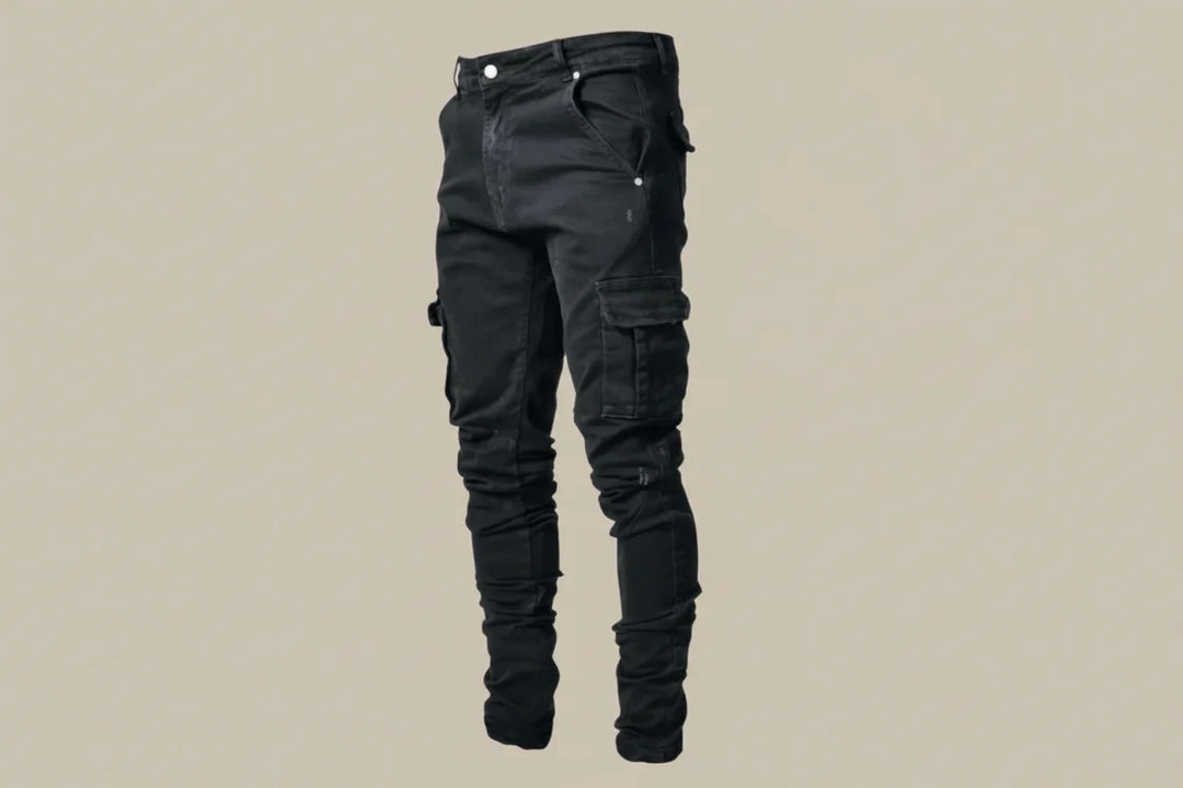 Detailopname van de spijkerstof van de premium stretch jeans, toont textuur en kwaliteit van het denim.