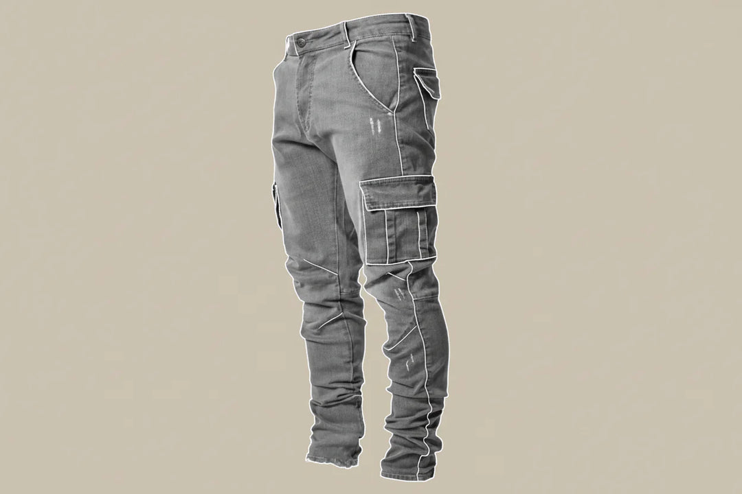 Heren skinny fit stretch spijkerbroek in grijsblauw, benadrukt de veelzijdigheid voor dagelijkse herenmode.
