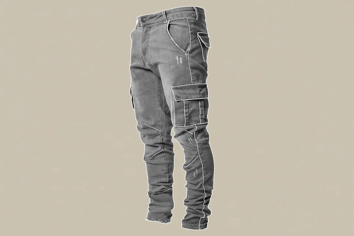 Heren skinny fit stretch spijkerbroek in grijsblauw, benadrukt de veelzijdigheid voor dagelijkse herenmode.