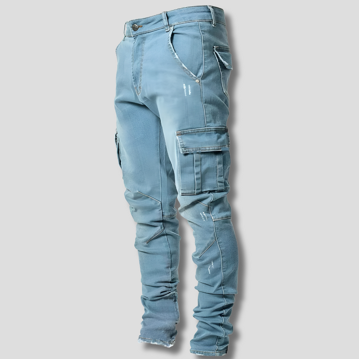 Zwart heren stretch denim jeans, comfortabel en stijlvol, perfect voor een moderne casual outfit.