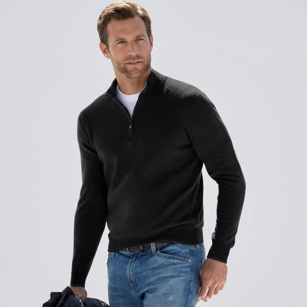 Heren pullover met V-hals en rits in blauw, comfortabel katoenmix