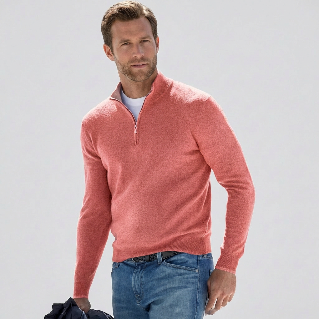 Close-up van de V-hals en rits details op een comfortabele heren pullover