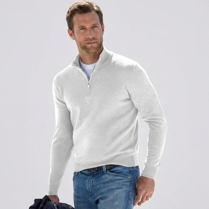 Detailfoto van de textuur van de katoenmix stof van de heren pullover