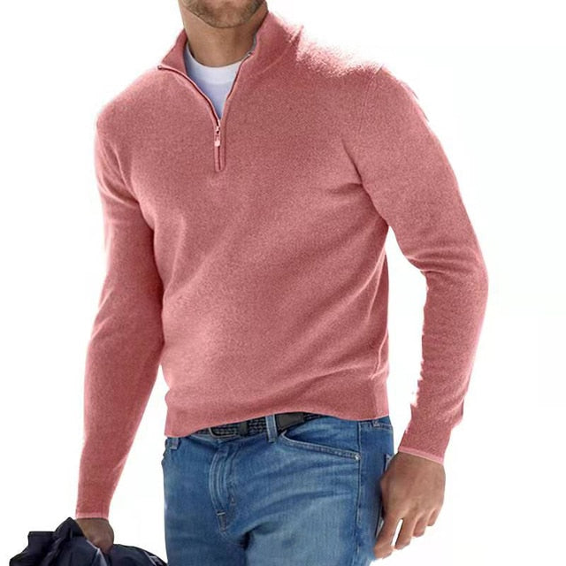 Gevouwen heren V-hals pullover met rits, warm, verkrijgbaar in diverse trendy kleuren.
