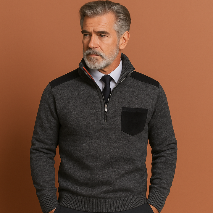 Modieuze heren trui Joris: pullover met opstaande kraag en borstzak, essentiële winterkleding.