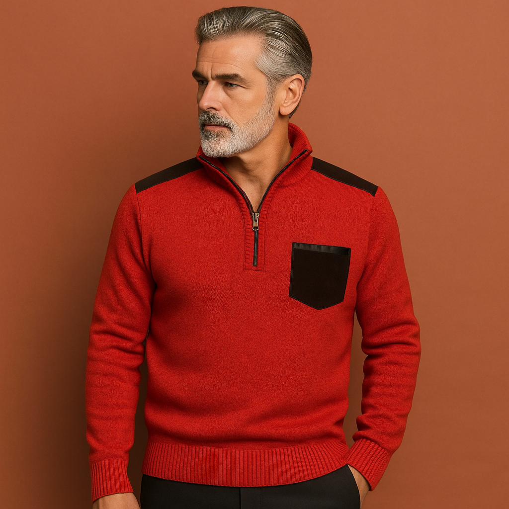 Warme heren pullover trui Joris met kraag en borstzak, een comfortabele keuze voor herfst en winter.