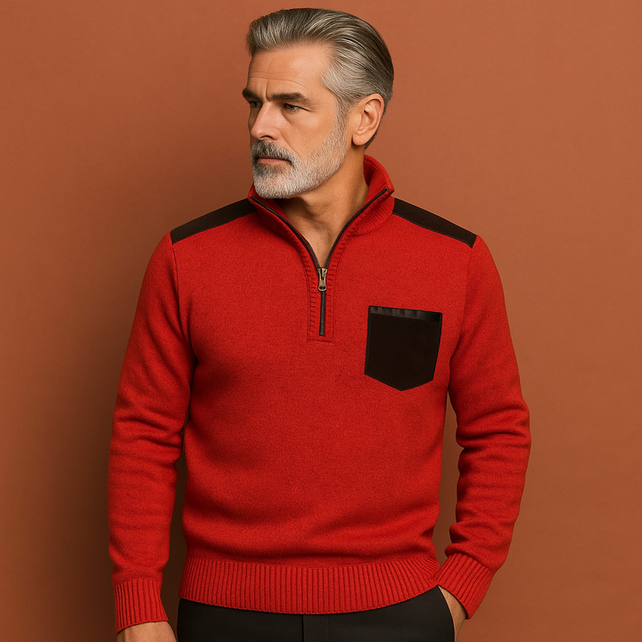 Warme heren pullover trui Joris met kraag en borstzak, een comfortabele keuze voor herfst en winter.