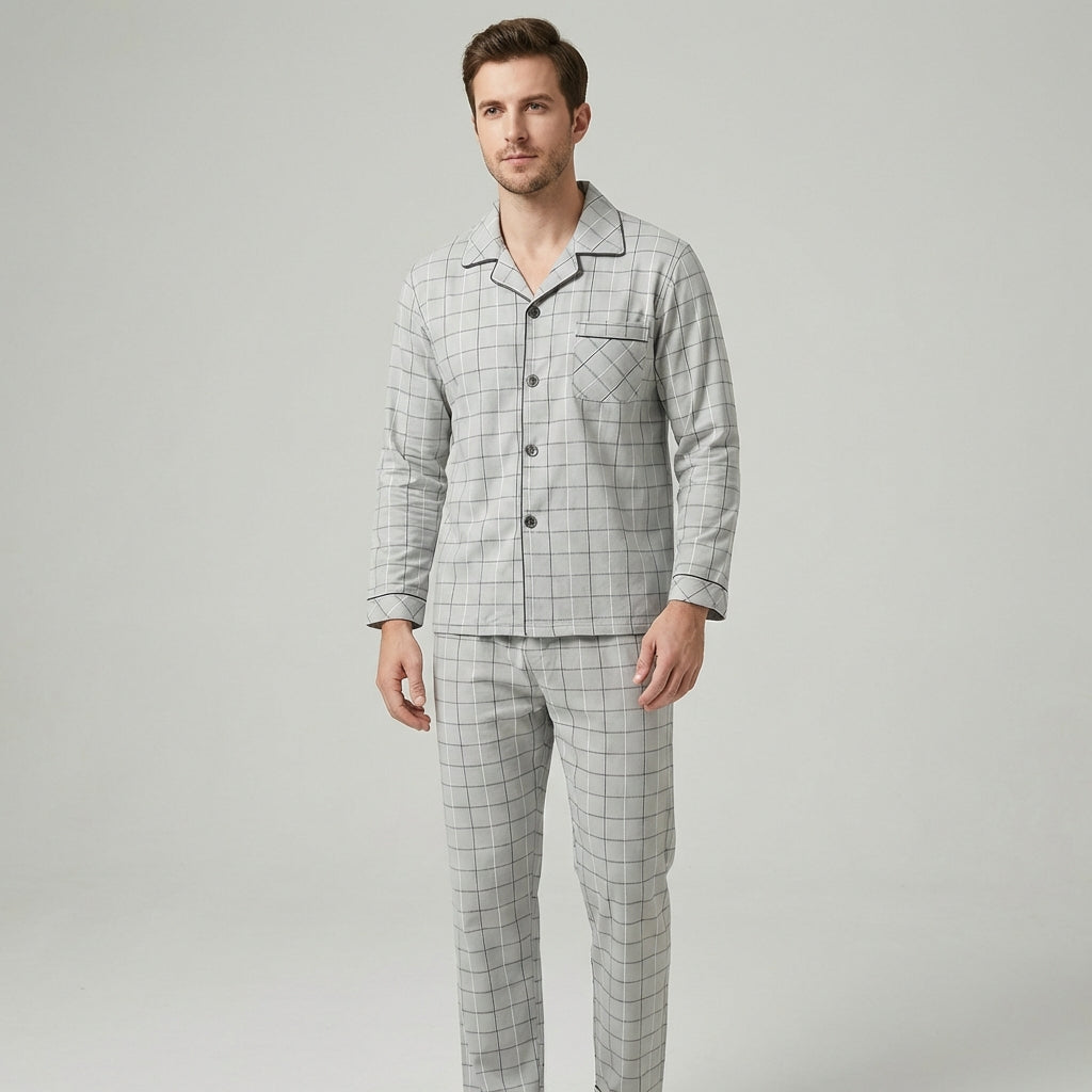 Heren pyjama set met knoopsluiting en lange mouwen, comfortabele slaap outfit