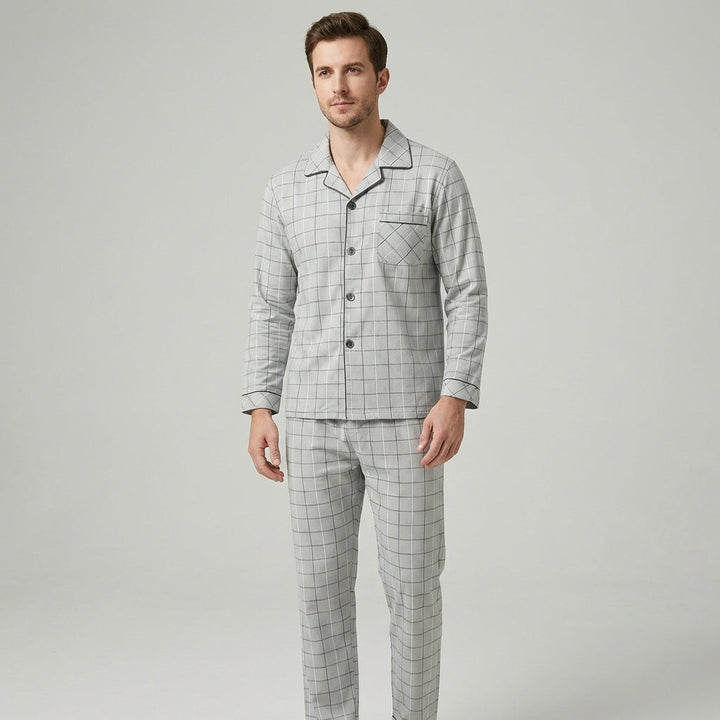 Heren pyjama set met knoopsluiting en lange mouwen, comfortabele slaap outfit