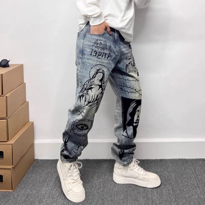 Heren rechte jeans met opvallende grafische print in urban stijl, perfect voor casual mode, blauw met unieke opdruk.