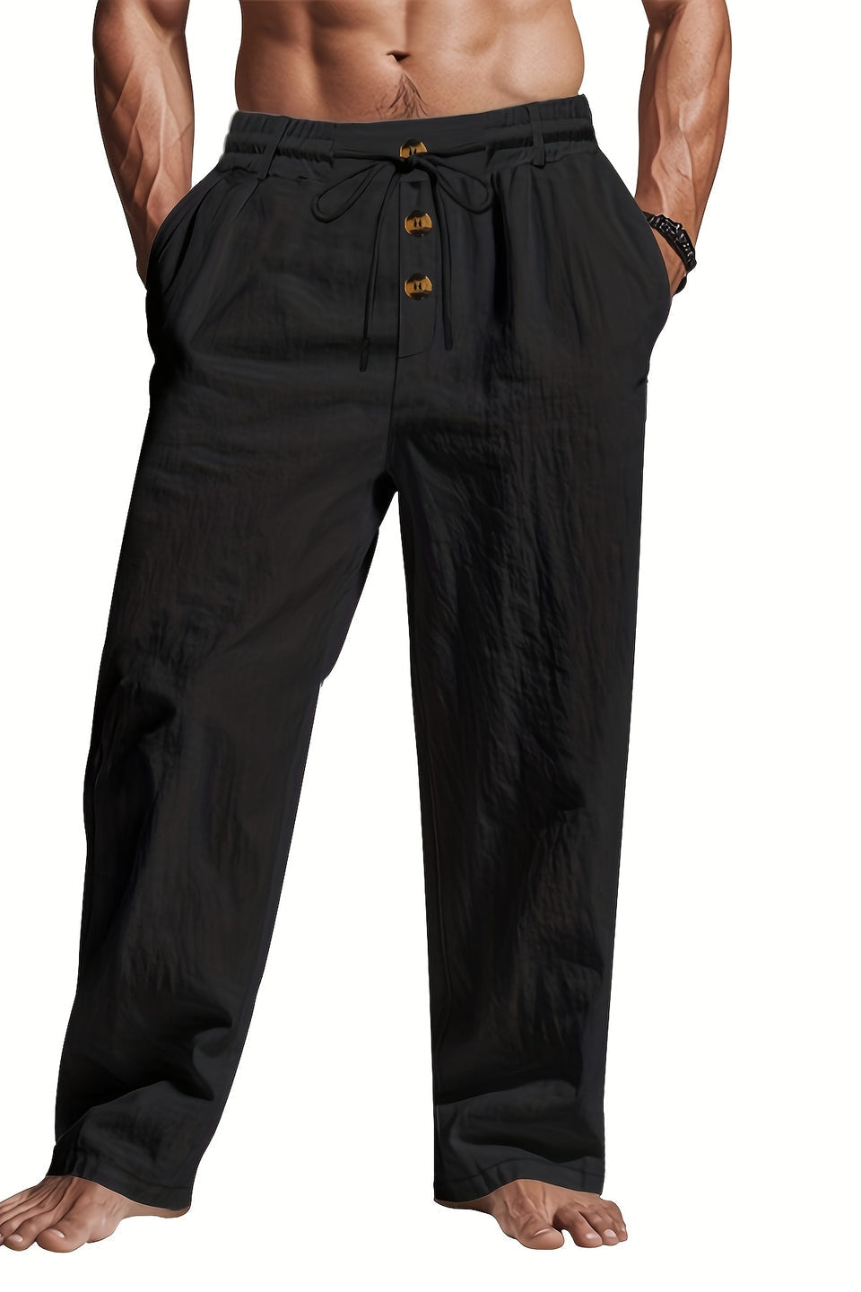 Stijlvolle heren zomerbroek met rechte pijpen en trekkoord voor een ontspannen, moderne casual look.