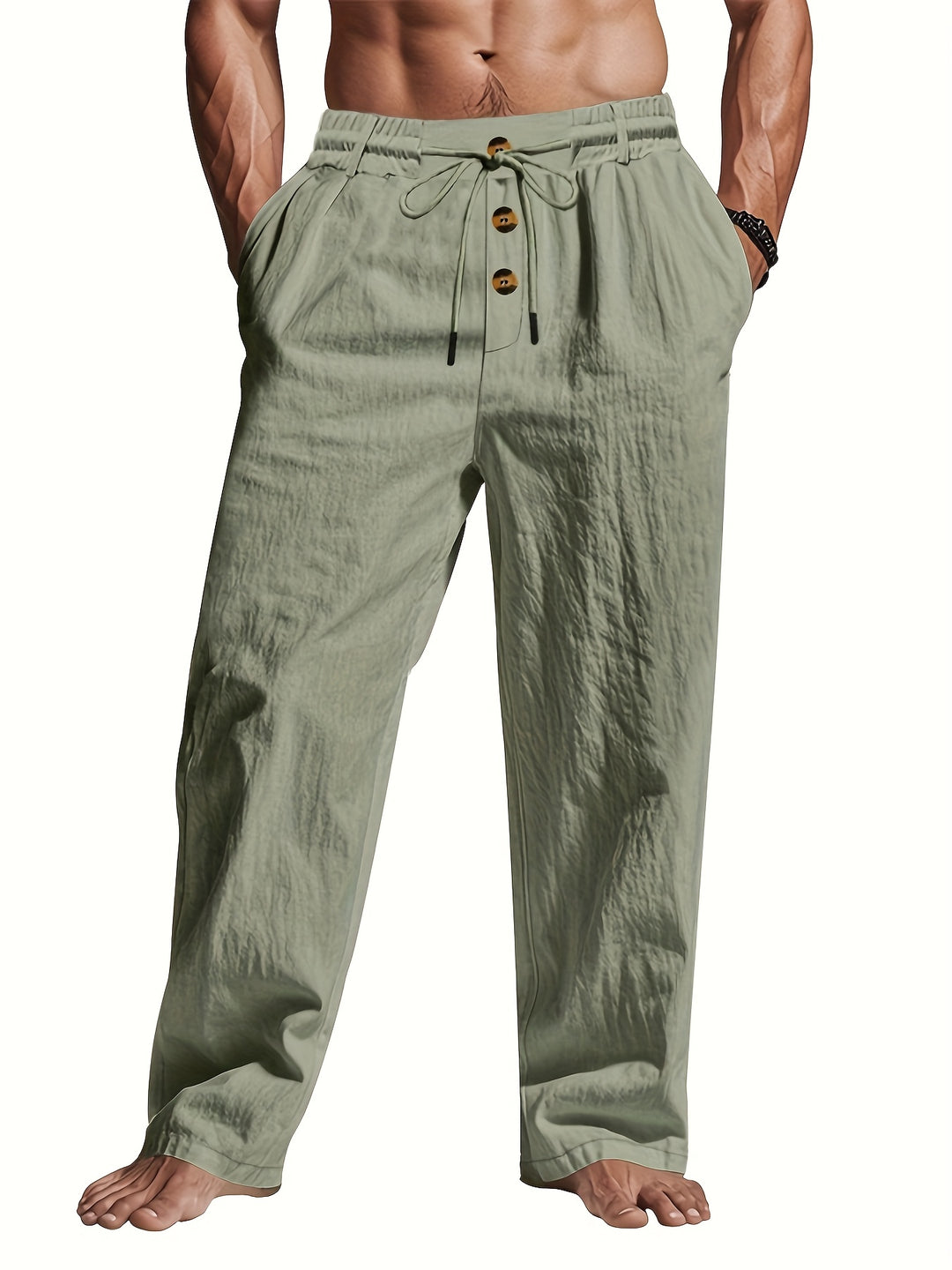 Comfortabele heren vrijetijdsbroek met trekkoord en rechte pijpen, ademend en luchtig voor de zomer.