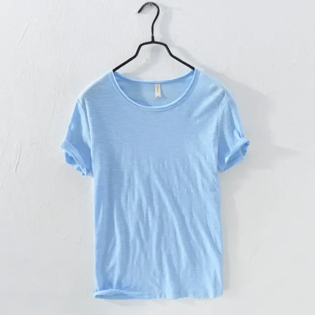 Effen retro heren t-shirt, slim-fit pasvorm, ruwe rand, voor een relaxte uitstraling.